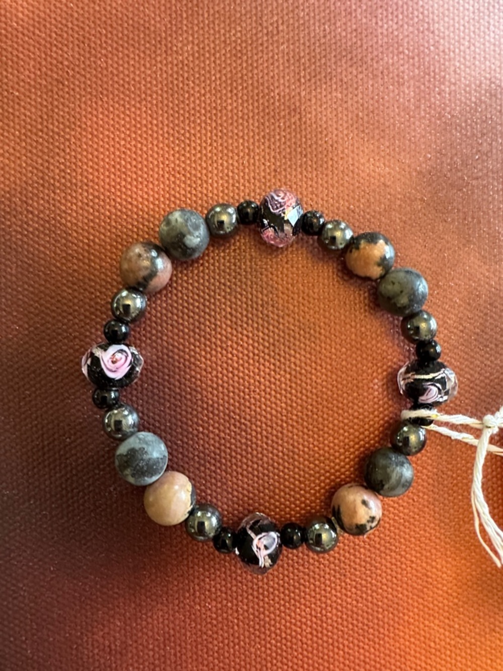 Handmade Rhodonite, Hematite, and Jet Stretch Bracelet